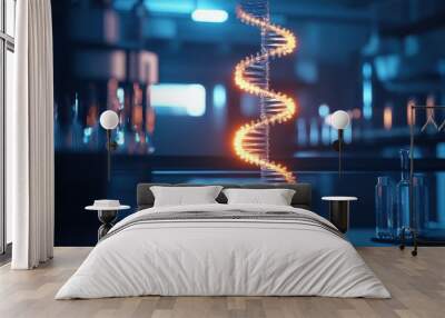 Close-up of DNA prototype in a biotechnology lab, 3D model glowing under precise lab lights, 16:9 aspect ratio, [biotechnology lab], [DNA prototype]. Wall mural